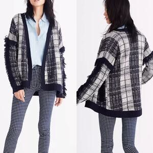 Madewell Women's Navy Plaid Fringe Wool Cardigan Sweater Sz XS NWT